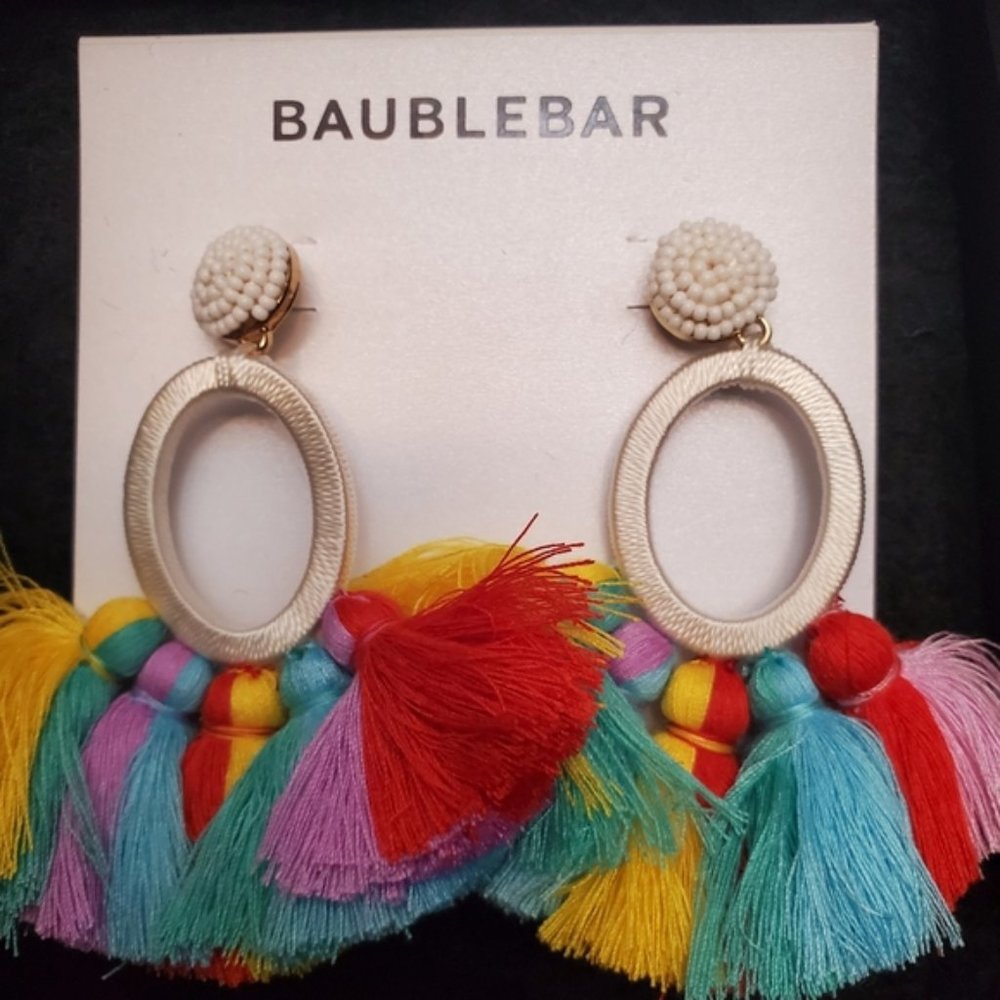 BaubleBar Large Oversized Fringe Colorful Earrings Gold Beading